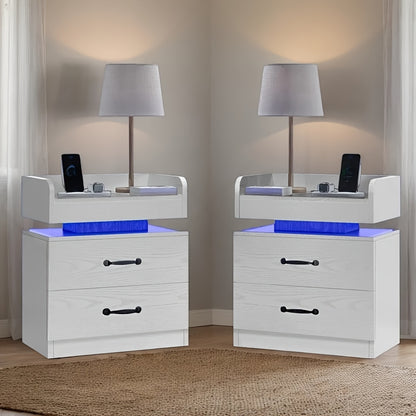 [LED Night Stand] Aerotier Decor, 1pc & 2pcs Black/White LED Night Stand With Charging Station, 1pc & 2pcs Bedroom Nightstand With 2 Drawers, LED Side Table For Bedroom & Living Room, Narrow Entryway Table, Smart Nightstand With Charging Station