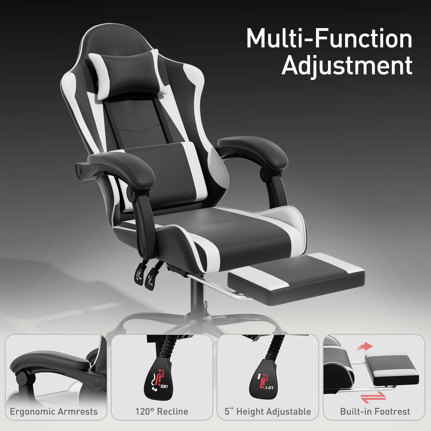 Ergonomic Gaming Chair with Retractable Footrest & Detachable Lumbar Support 360 Degree Swivel Racing Style PU Leather Computer Gaming Chair with Headrest for Home Bedroom Office