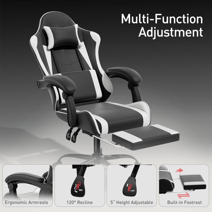 Ergonomic Gaming Chair with Retractable Footrest & Detachable Lumbar Support 360 Degree Swivel Racing Style PU Leather Computer Gaming Chair with Headrest for Home Bedroom Office