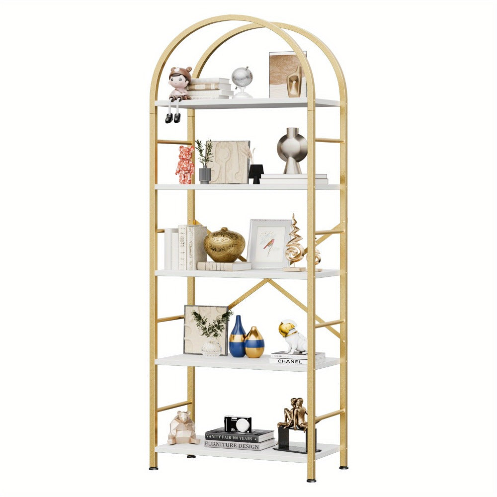5-Tier Arched Bookshelf with Metal Frame – Tall Farmhouse Display Shelf for Bedroom, Living Room & Home Office, Grey Industrial Book Shelf Storage Rack