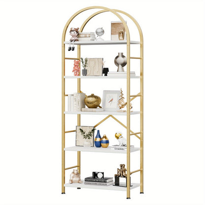 5-Tier Arched Bookshelf with Metal Frame – Tall Farmhouse Display Shelf for Bedroom, Living Room & Home Office, Grey Industrial Book Shelf Storage Rack