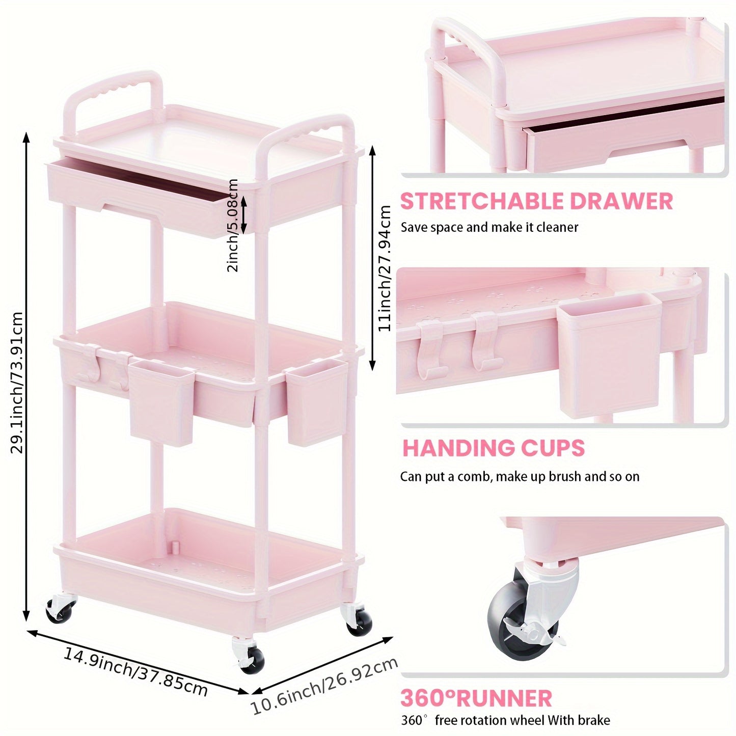 3 Tier Multifunctional Rolling Cart with Drawer, Durable Plastic Rolling Cart- with Drawers And Lockable Wheels, Includes Practical Accessories Like Cup Holders And Hooks - Easy Assembly Storage Cart, for Kitchen, Bathroom, Living Room