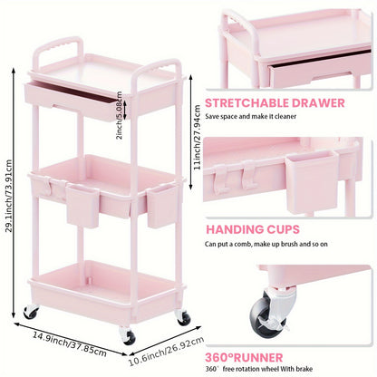 3 Tier Multifunctional Rolling Cart with Drawer, Durable Plastic Rolling Cart- with Drawers And Lockable Wheels, Includes Practical Accessories Like Cup Holders And Hooks - Easy Assembly Storage Cart, for Kitchen, Bathroom, Living Room