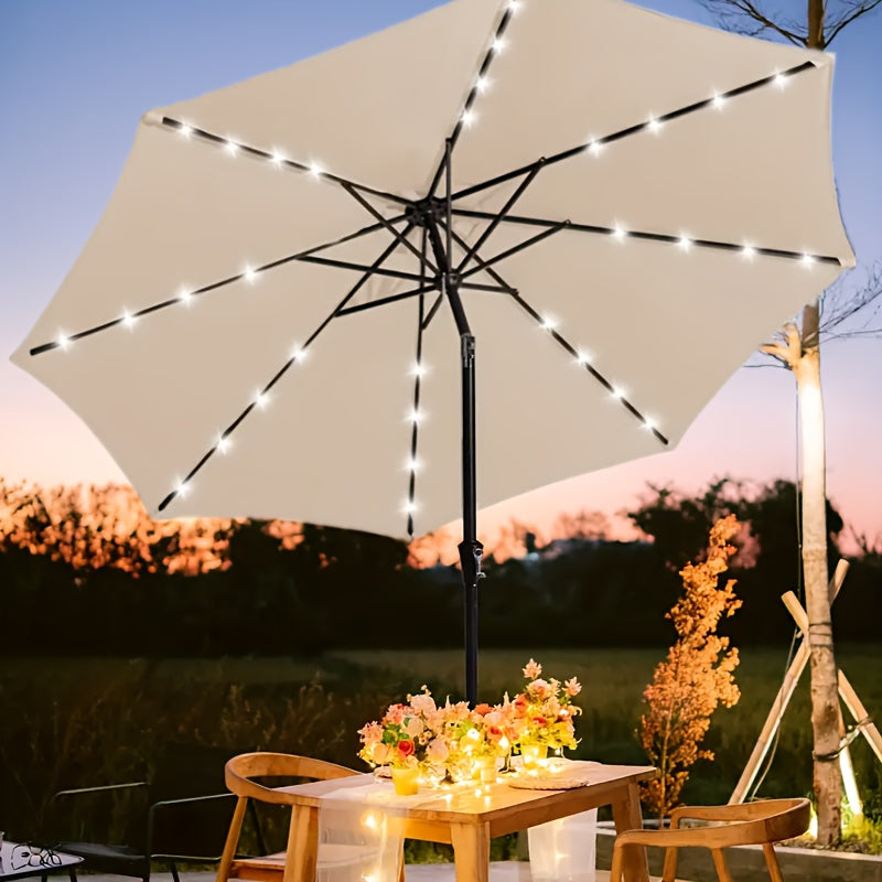 10ft Solar Patio Umbrella, With 32 LED Lights, Outdoor Market Table Umbrella, With Tiltable Buttons, UPF50 UV Protection, Heavy-Duty 8 Umbrella Bone Structure For Garden, Poolside, Decks, Backyards