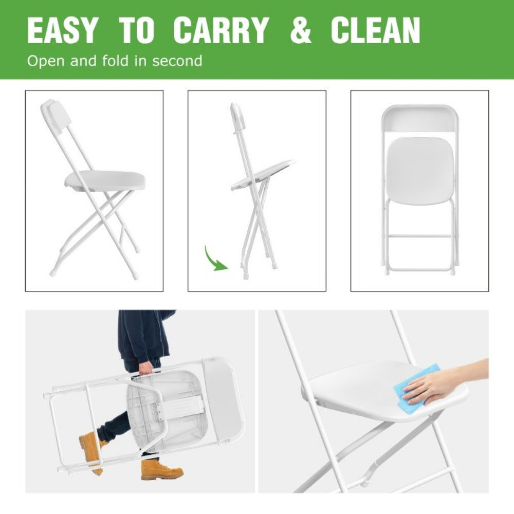 White Folding Chairs Set of 10 24 50 Pack, 350 lb Capacity Commercial Grade Stackable Plastic Chairs with Steel Reinforced Frame, Indoor Outdoor Wedding Banquet Party Office Restaurant