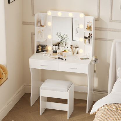 LED Vanity Desk with Lighted Mirror & Stool – 6-Drawer Makeup Dressing Table with 10+ LED Strip Lights | Plug-and-Play Modern Vanity for Bedroom, Dorm & Beauty Salon