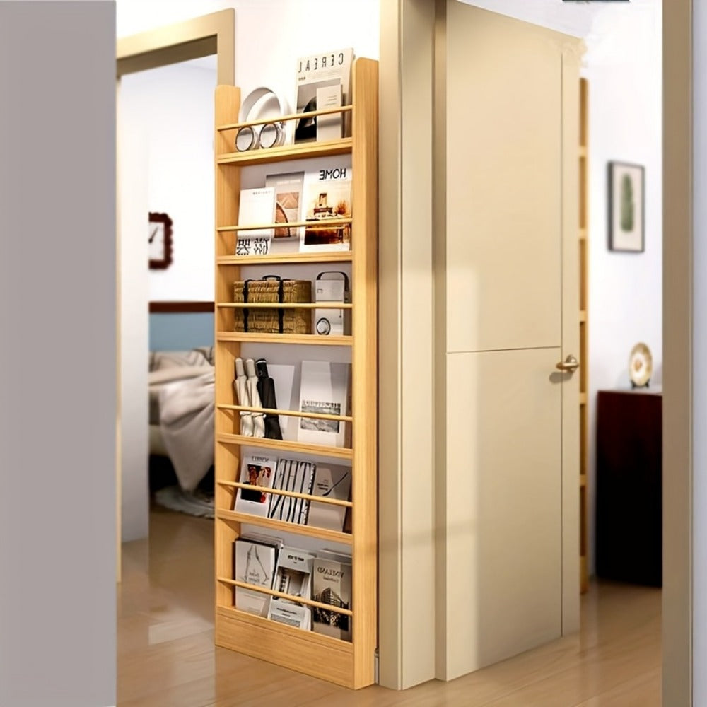 Ultra-Narrow Solid Wood Bookshelf – Wall Mounted & Over-the-Door Bookcase, Zero Formaldehyde, Multi-Layer Space-Saving Shelf, 2 3 4 5 6 Tier, Home Office & Living Room