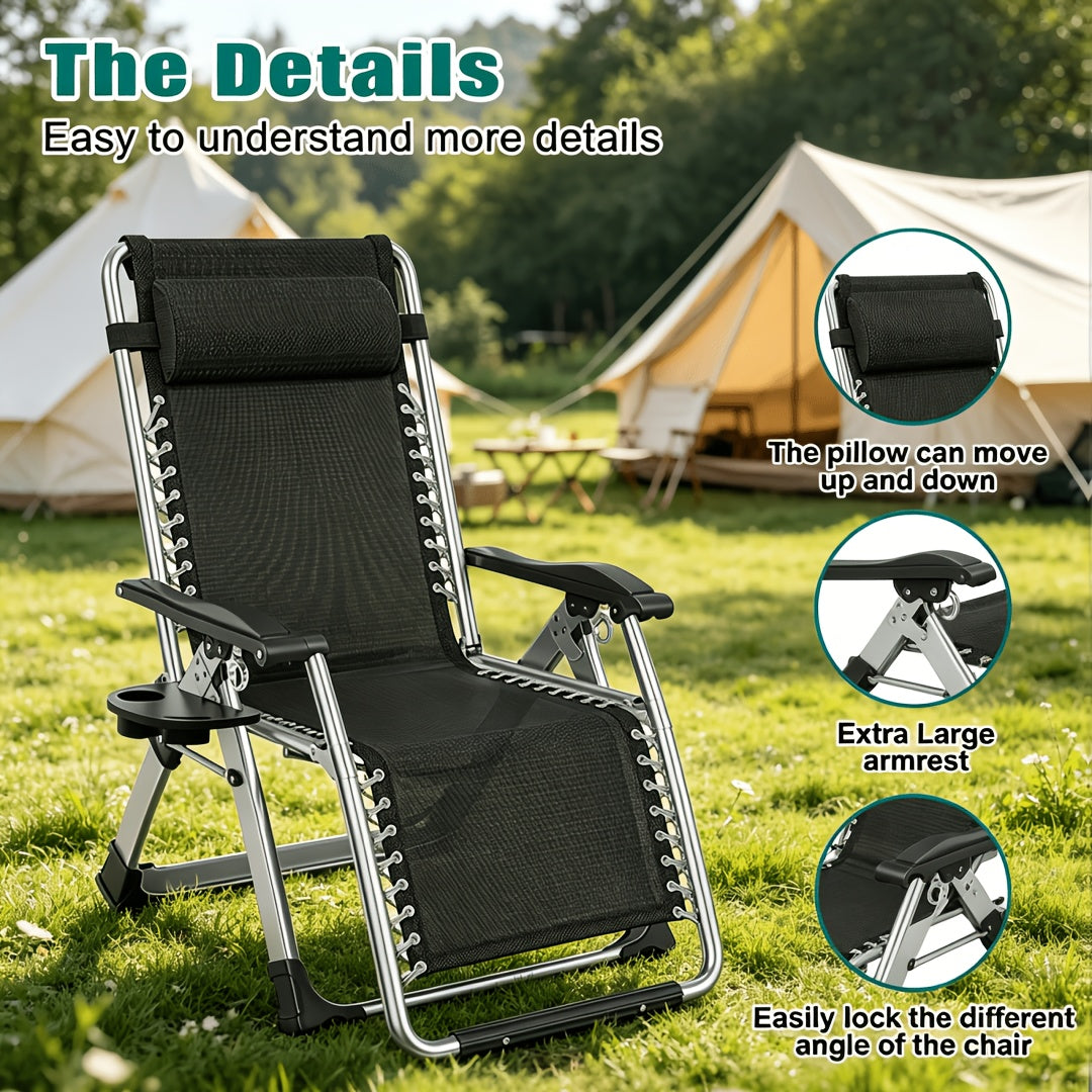 Portable Folding Chaise Lounge Chair, Outdoor Lawn Recliner with Removable Cushion, Headrest & Cup Holder, Heavy Duty Patio Reclining Chair Supports 440 Lbs