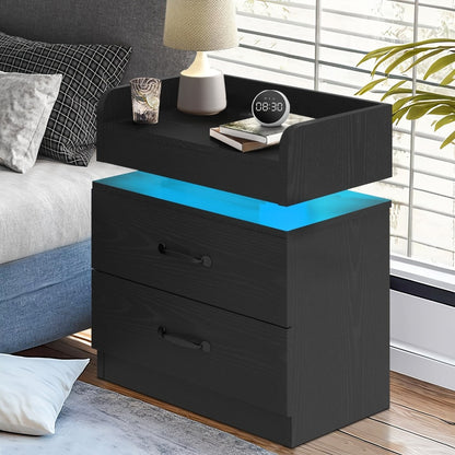 Smart LED Nightstand with Charging Station – Narrow Bedside Table 2 Drawers, Entryway Side Table, Black White, 1pc or 2pcs Set for Bedroom Living Room