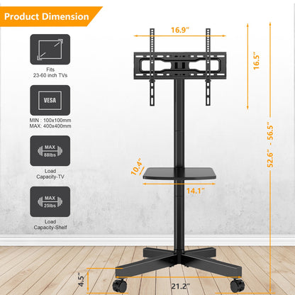 5Rcom Mobile Rolling TV Cart with Locking Wheels for 23-60 LCD LED Flat Screen/Curved Screen TVs with Max VESA 400x400mm, Adjustable Rolling Portable Floor Stand TV Trolley Holds up to 88lbs