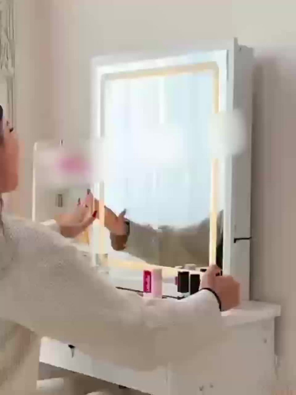 Vanity Dressing Table with Sliding Mirror & Cushioned Stool | 4 Drawers, 3 Shelves, Mirror Cabinet, White Bedroom Makeup Desk for Small Spaces