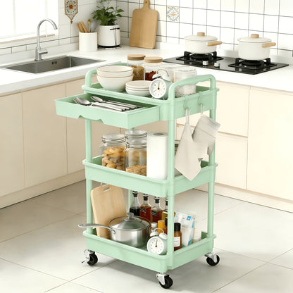 3/ 4 Tier Rolling Utility Cart with Drawer - Multifunctional Storage Organizer with Lockable Wheels&Plastic Shelves for Kitchen, Bathroom, Office, Living Room-Ideal for Industrial & Scientific Material Handling Solutions
