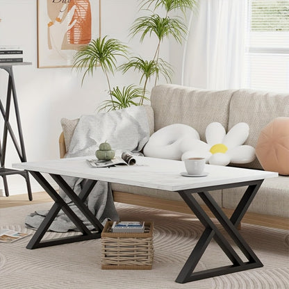 Faux Marble Coffee Table Rectangular with Sturdy Metal Frame, Modern Industrial Center Table for Living Room Bedroom Home Office