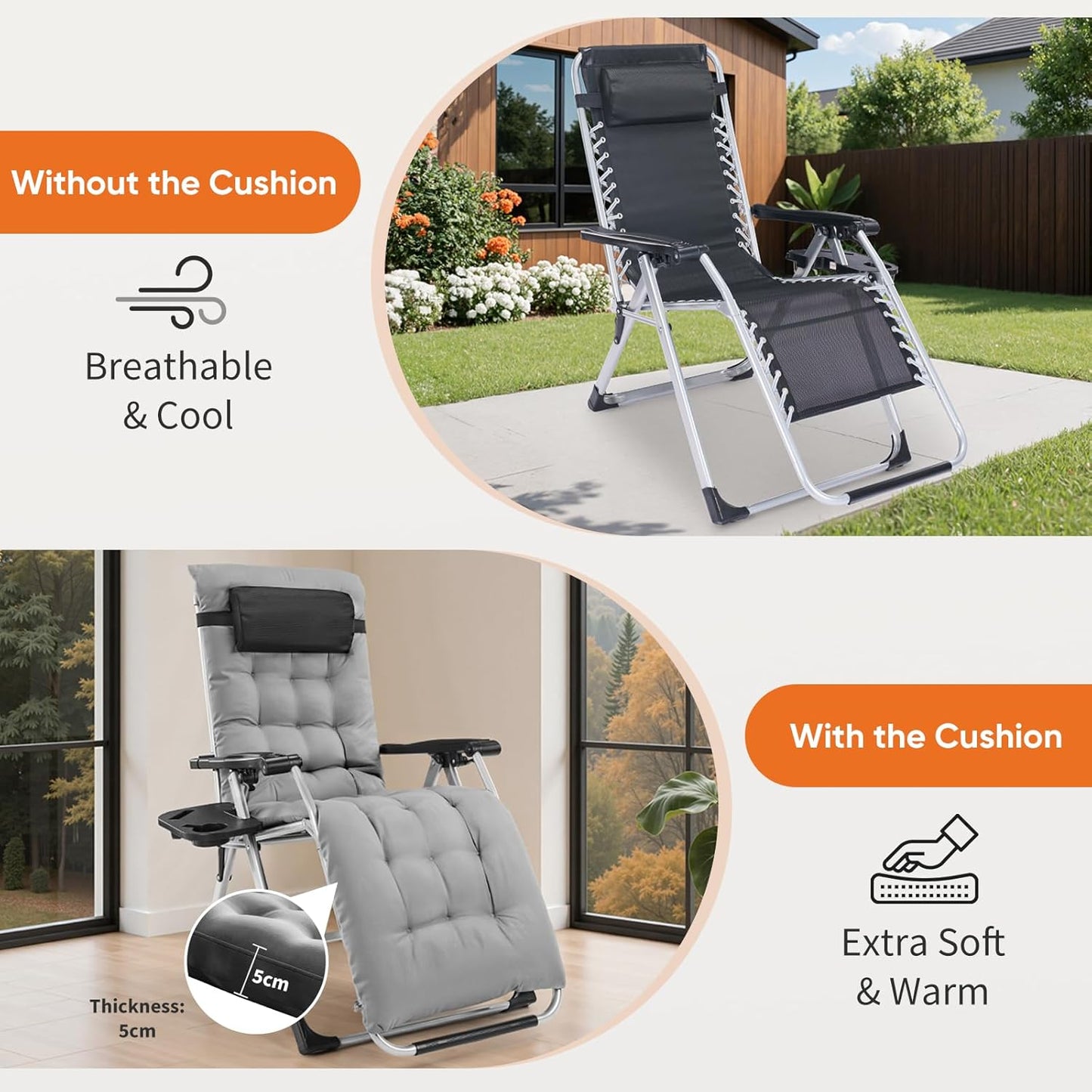 [Indoor/Outdoor Recliner] Zero Gravity Recliner, Foldable Headrests, Recliner With Cup Holder Tray And Detachable Cushion, Indoor/Outdoor Foldable Recliner, Black/Gray