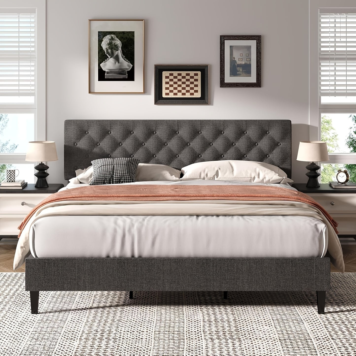 Twin/Full/Queen/King Size Bed Frame With Headboard, Linen Fabric Upholstered Bed Frame With Wood Slats(mattress Not Included), Halloween Decor, Wood Slats For Easy Assembly, Button Tufted, White/Blue/Dark Gray/Light Gray/Pink