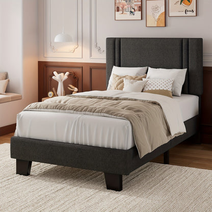 Platform Bed Frame with 21 Inch Soft Padded Headboard Striped or Button Tufted Solid Wood Slats Art Legs Twin Full Queen Black Linen Dark Grey White Velvet
