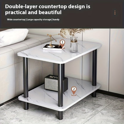 2-Tier Marble-Look Side Table Scratch-Resistant Top – Versatile Bedside Table & Coffee Table for Bedroom Balcony Living Room, White Black Brown