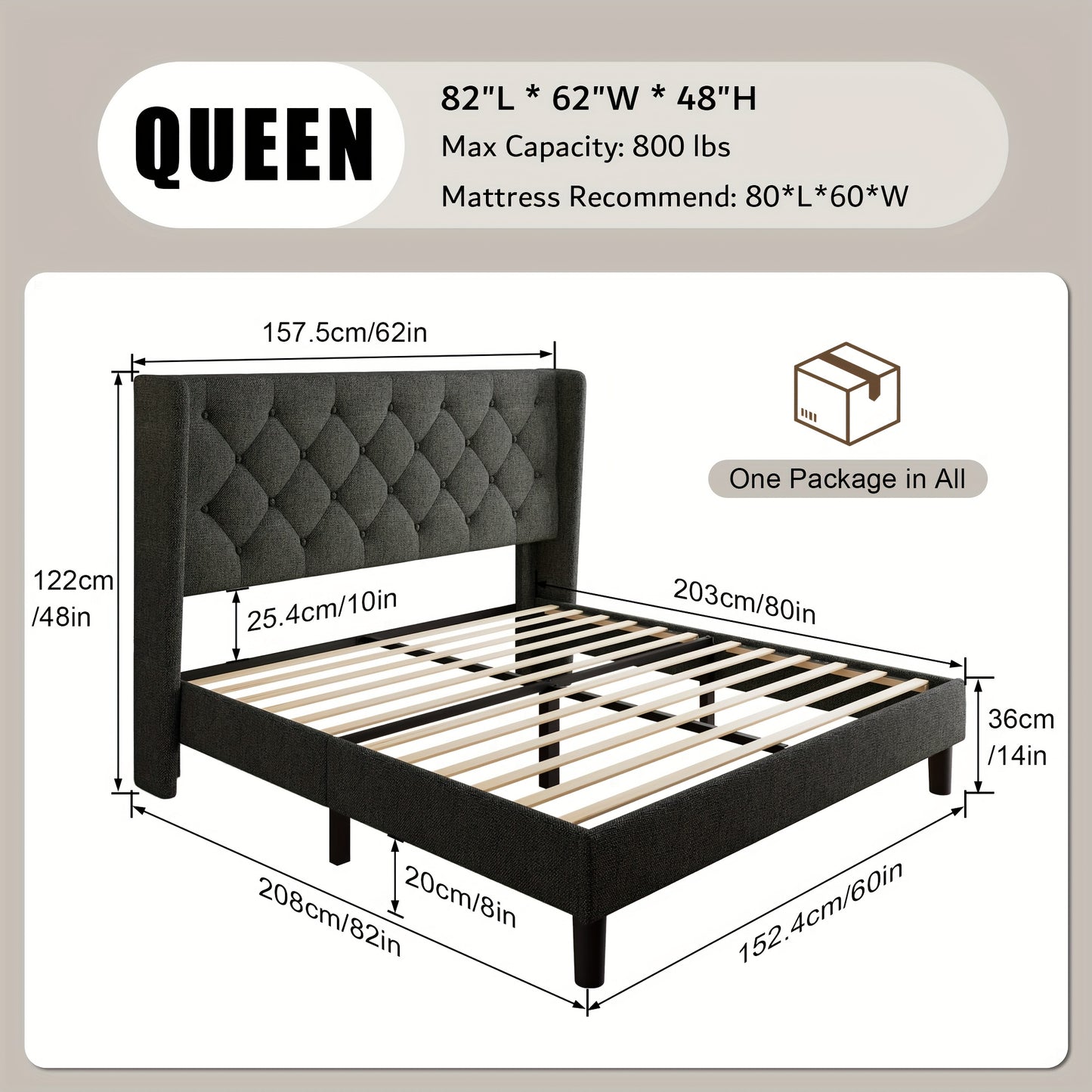 Modern Platform Bed Frame with 24-Inch Button-Tufted Headboard – Solid Wood Slats, Artistic Legs, Linen & Velvet, Dark Gray Light Grey Beige White Black, Full Queen King