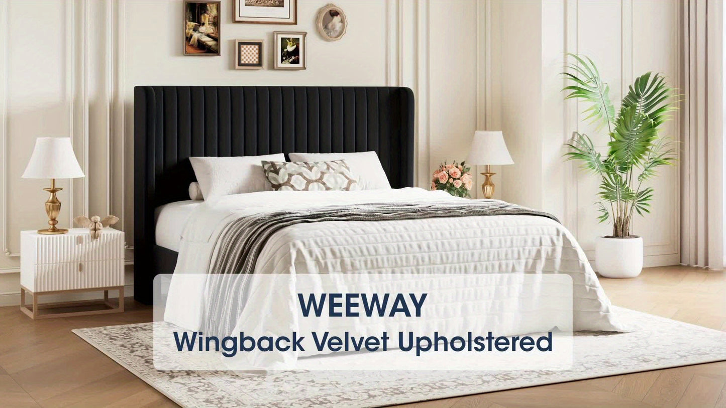 [Velvet Platform Bed Frame] WEEWAY Wingback Velvet Upholstered Platform Bed Frame, Vertical Channel Tufted Headboard, Wooden Slats Support, Heavy Duty Mattress Foundation, No Box Spring Needed, Easy Assembly, Avabliable Full/Queen/King Size, Free Shipping