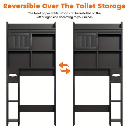 Over The Toilet Storage Cabinet with Sliding Door & Toilet Paper Holder Stand - Space-Saving Bathroom Organizer with Upper Shelf, Lower Storage & Door Storage, Freestanding Floor Cabinet for Bathroom, Restroom - Easy Assembly, No Tools Required, Modern Bl