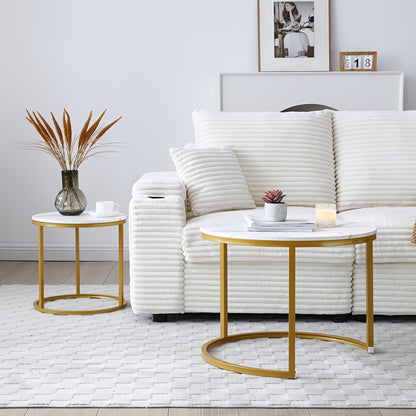 Space Saving Nesting Coffee Table Set Of 2, Modern Faux Marble Round Tables with Golden Frame, Small Apartment Living Room Furniture