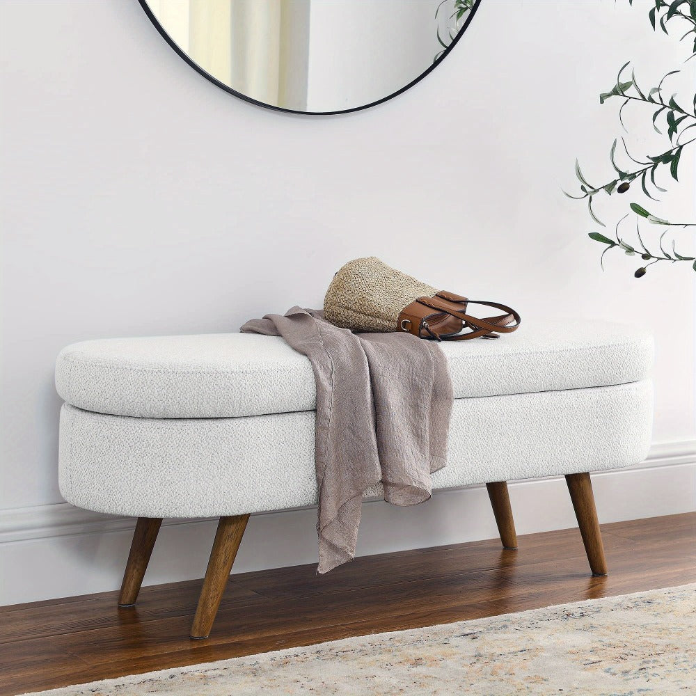 Oval Storage Bench with Linen Upholstery and Solid Wood Legs - Perfect for Hallway, Bedroom, or Living Room Organization