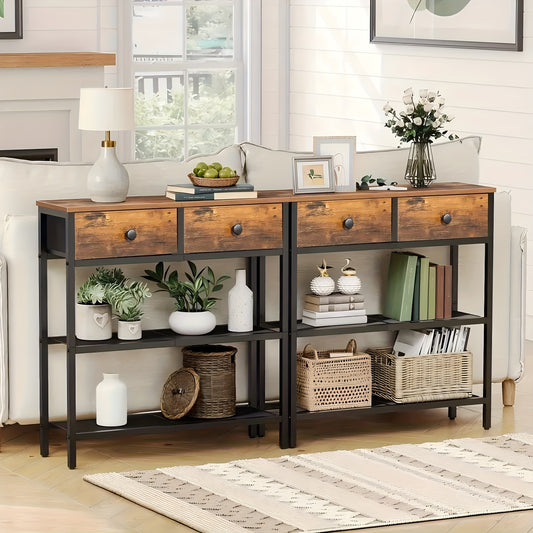 29.5-inch Narrow Console Table with 2 Fabric Drawers, Sofa Table, Entryway Desk with 3-Tier Storage Shelves for Living Room and Hallway in Rustic Brown & Black