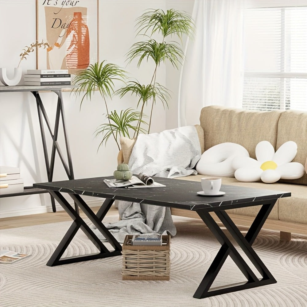Faux Marble Coffee Table Rectangular with Sturdy Metal Frame, Modern Industrial Center Table for Living Room Bedroom Home Office
