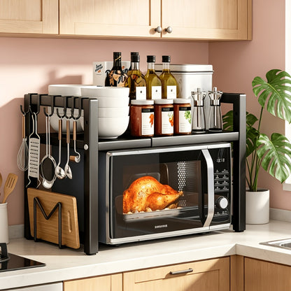 Space-Saving Adjustable Microwave Shelf, Multi-Functional Kitchen Counter Shelf. Thickened Metal, Strong Load Capacity. Easy Assembly, Available In Single Or Double Layer. Adjustable From 16 -24in. Suitable for Microwave, Cookware, And Spice Storage