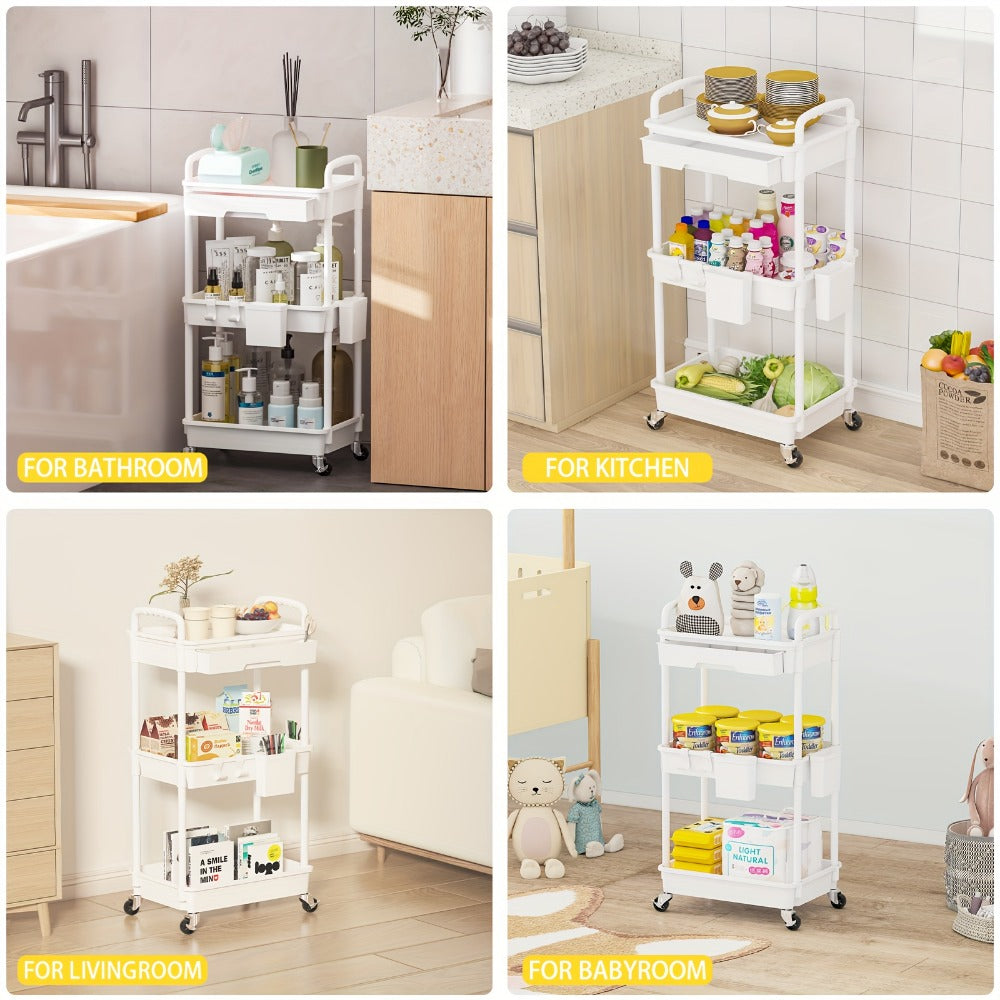 3-Tier Rolling Cart with Drawers Lockable Wheels Cup Holder Hooks Plastic Storage Organizer for Kitchen Bathroom Living Room Office Salon Black Grey Green Pink White