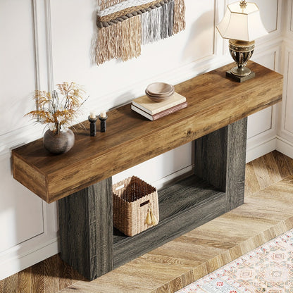 63 Inch Farmhouse Console Table with U-Shaped Base & 2-Tier Shelves, Rustic Brown & Grey Two-Tone Sofa Table for Living Room Hallway Foyer Entryway