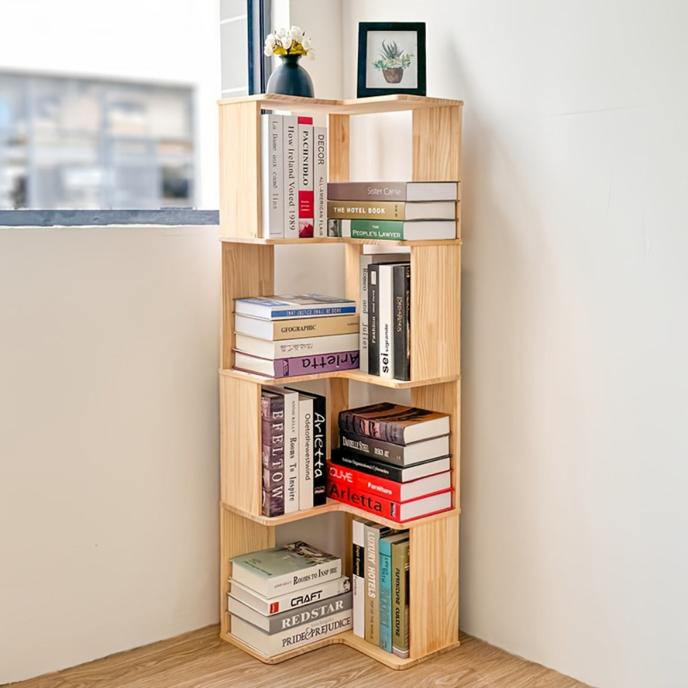 Solid Wood Corner Bookshelf 3 4 5 Tier No Paint No Formaldehyde Space-Saving Rustic Corner Bookcase for Bedroom Living Room Study Balcony, Easy Assembly