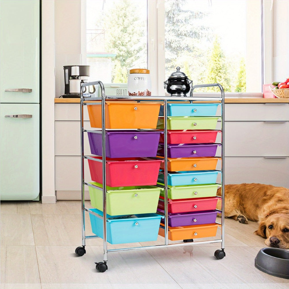 15-Drawer Rolling Storage Cart with Locking Wheels, Steel Frame & Multicolor Opaque Plastic Drawers, Space-Saving Organizer for Home Office Kitchen Bathroom, 5 Large & 10 Small Drawers