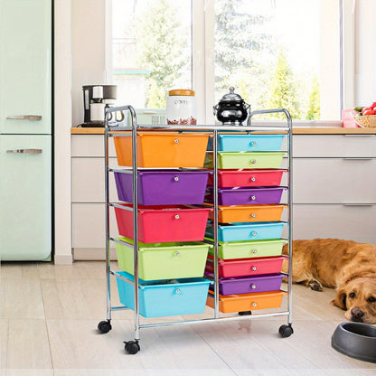 15-Drawer Rolling Storage Cart with Locking Wheels, Steel Frame & Multicolor Opaque Plastic Drawers, Space-Saving Organizer for Home Office Kitchen Bathroom, 5 Large & 10 Small Drawers