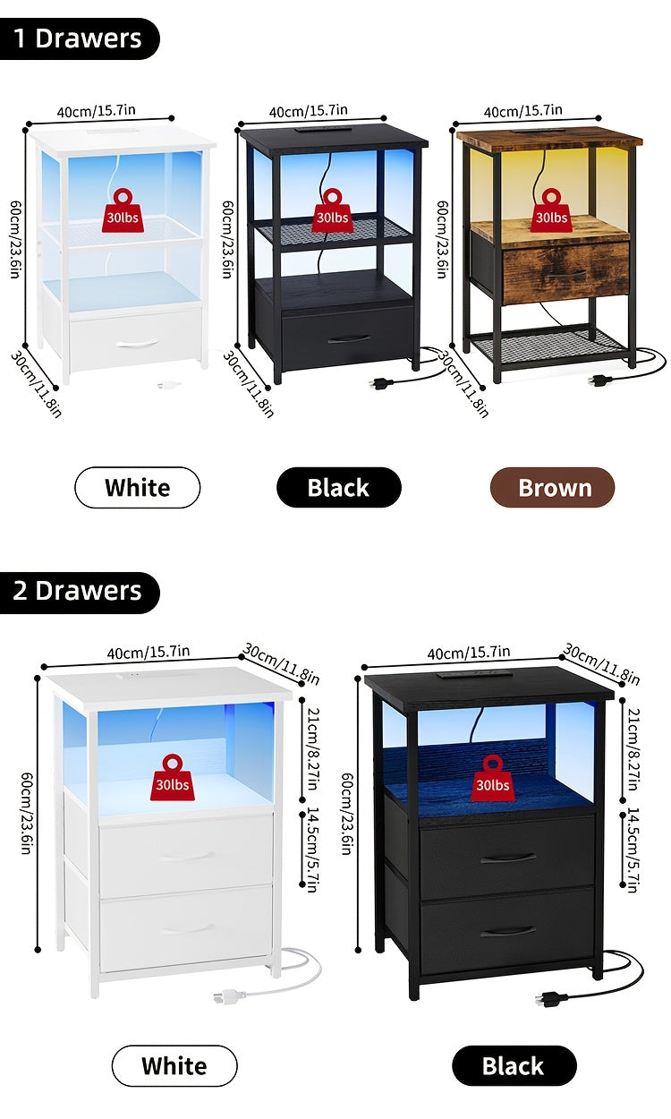 [Halloween Christmas] TOMNK Night Stand With Charging Station Set Of 1/2, Dresser For Bedroom With LED Light, Side Table With USB Port, 3/4 Fabric Drawers With PU End, For Small Spaces, Closet, School And Dormitory Storage, Entryway, For Halloween And Chr