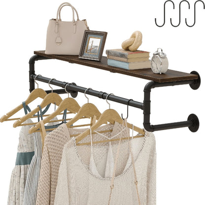 Wall Mounted Industrial Pipe Clothes Rack with Top Wood Shelf and 3 Hooks 66 Lb Capacity Heavy Duty Garment Rack for Bedroom Closet Entryway 39.3 Inch