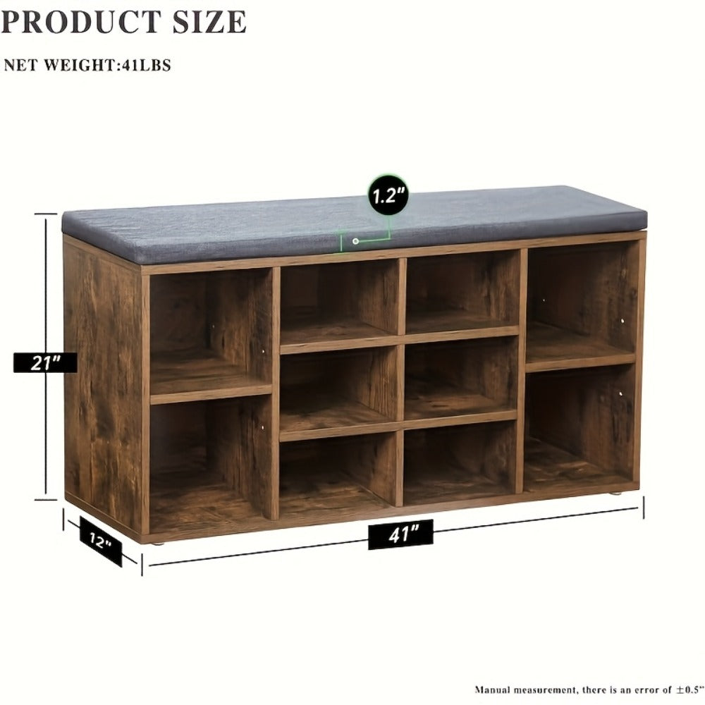 Shoe Storage Bench 3-Tier with 10 Adjustable Cubbies Upholstered Entryway Bench Organizer for Hallway, Living Room & Bedroom – Black & Brown