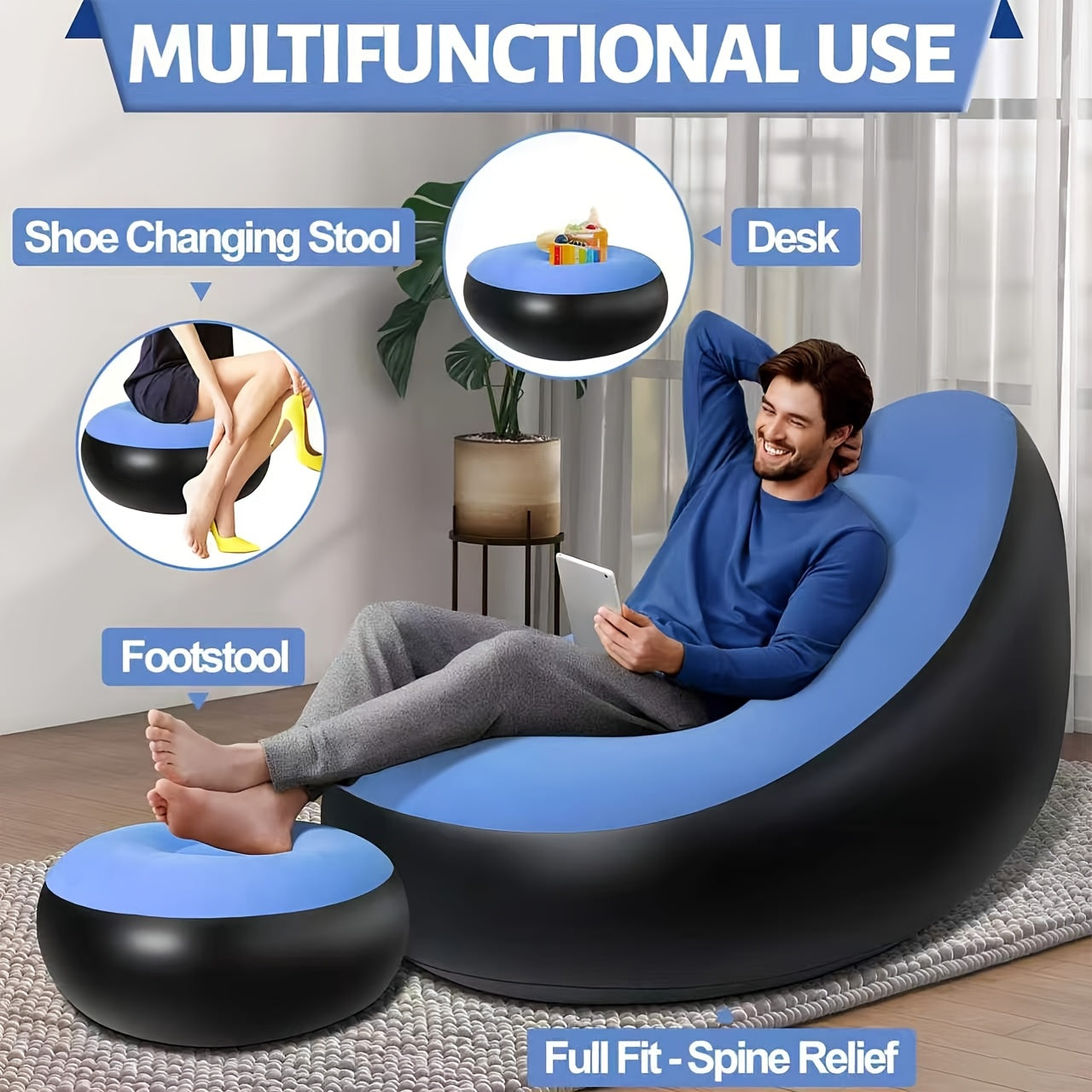 UPWELL Comfortable Inflatable Couch, Adult Reclining Air Sofa, Collapsible Portable Seating, Sofa with Ottoman, Indoor Living Room Air Cushion Sofa, Playroom, Office Balcony, Outdoor Travel, Camping Use