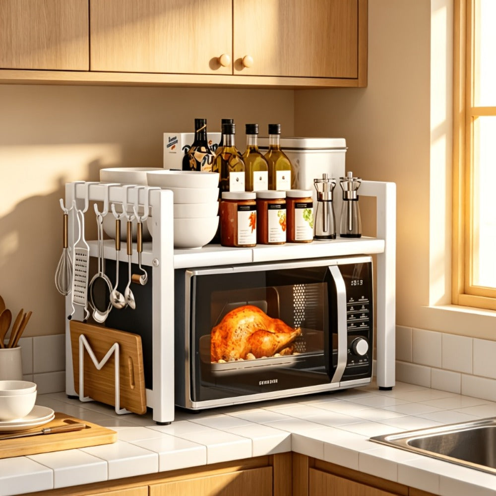 Adjustable Microwave Shelf for Kitchen Counter – Expandable 16–24", Single or Double Layer, Thickened Metal, Anti-Rust, Space-Saving Countertop Organizer for Microwave, Cookware & Spices
