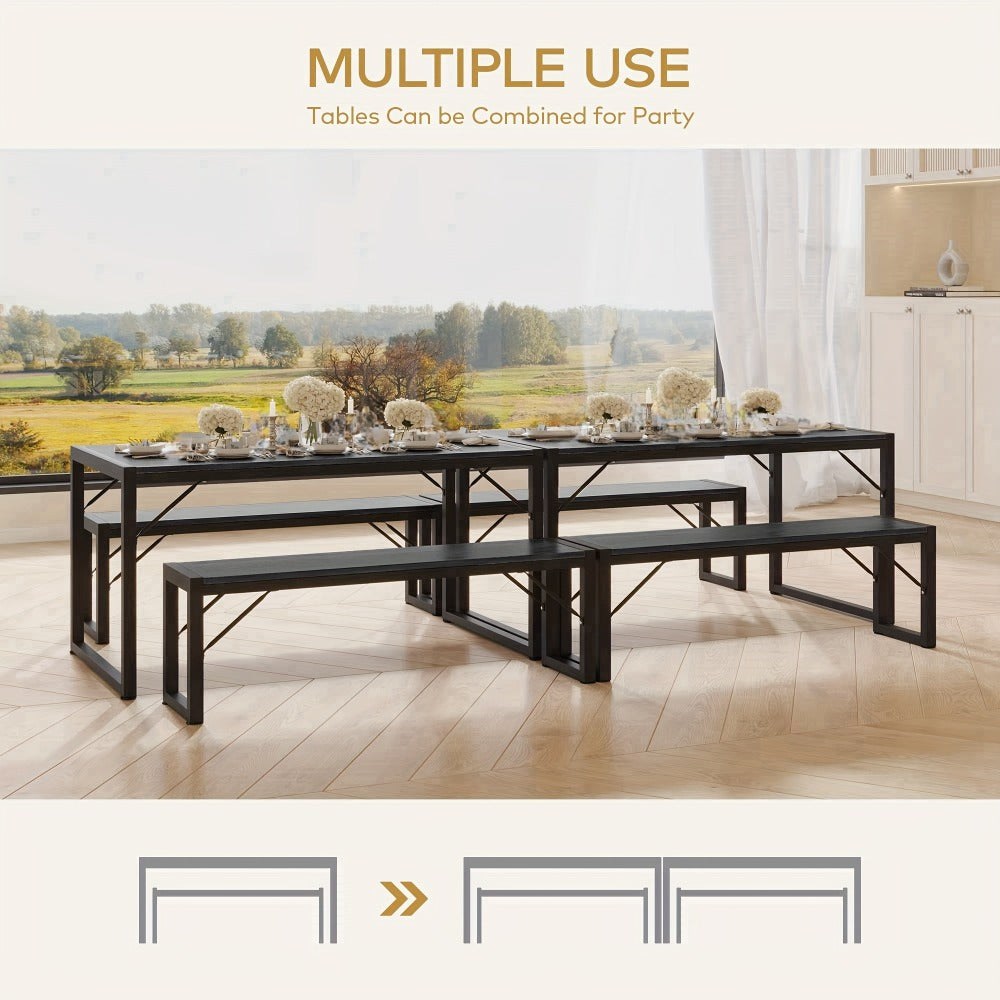 Dining Table Set for 4 with 2 Benches, 45.5" Space-Saving Dinette with Metal Frame & MDF Board for Kitchen & Dining Room, Retro Modern Style - Black/Gray