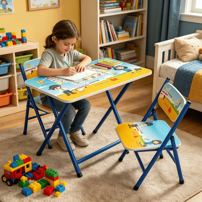 Foldable Kids Table & Chair Set with Cute Pattern, Sturdy Metal Frame Children's Desk for Writing, Drawing & Playtime
