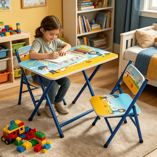 Foldable Kids Table & Chair Set with Cute Pattern, Sturdy Metal Frame Children's Desk for Writing, Drawing & Playtime