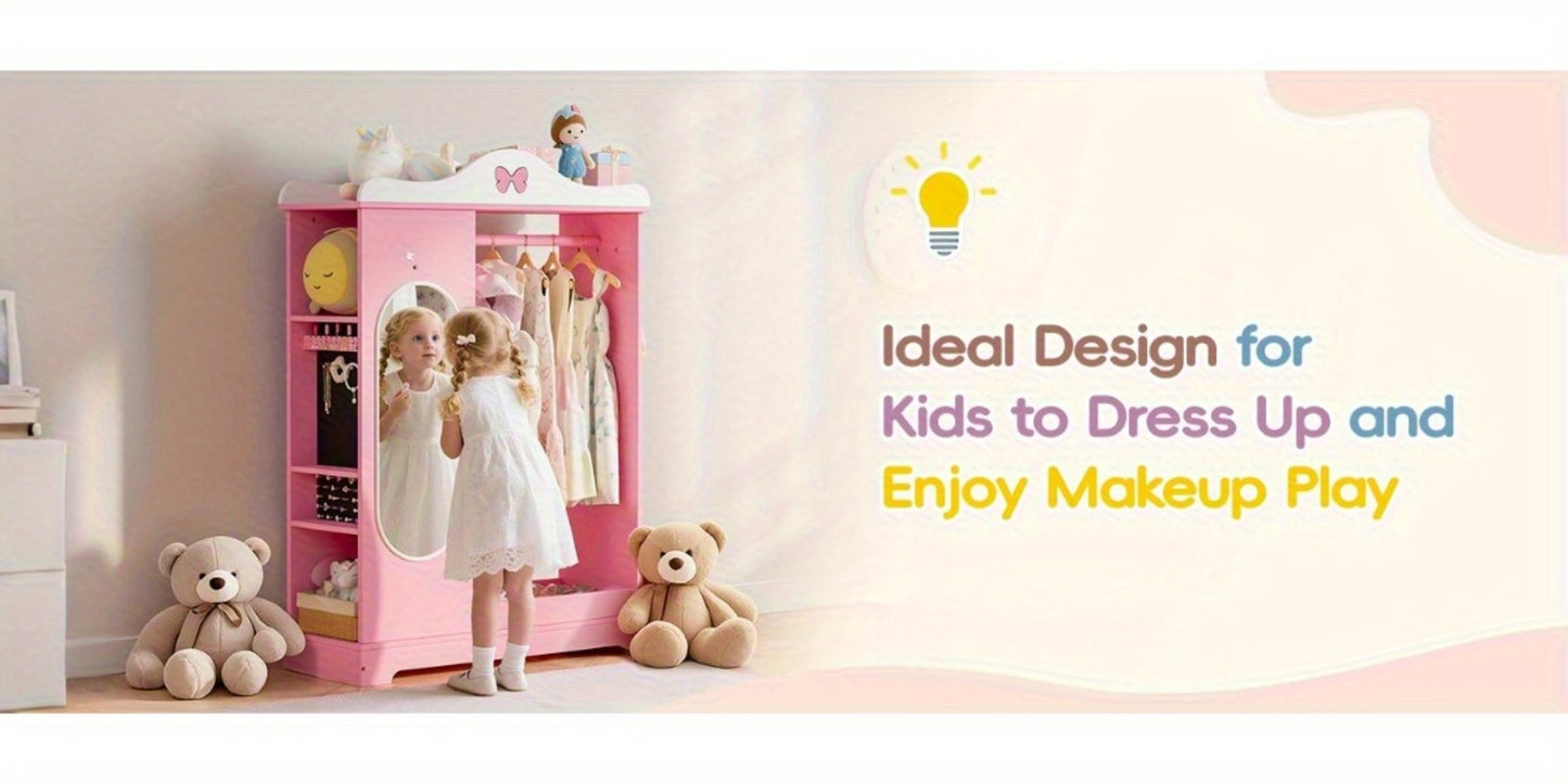 Kids Armoire with Jewelry Cabinet, Kids Dress Up Storage wth Shelves, Girls Wardrode Costume Organizer with Mirror, Children Closet with Armoire for Bedroom, Kids Room, Girls, Kids Room Furniture, Bedroom Storage, Stylish Kids Wardrobe, Playful Design, Ha