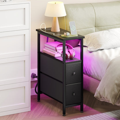 TOMNK Slim End Table for Living Room Featuring a Charging Station, Nightstand with Two Fabric Drawers, Narrow Side Table with Cloth Storage, Compact Nightstand for Bedrooms, Ideal for Small Areas, Sofa