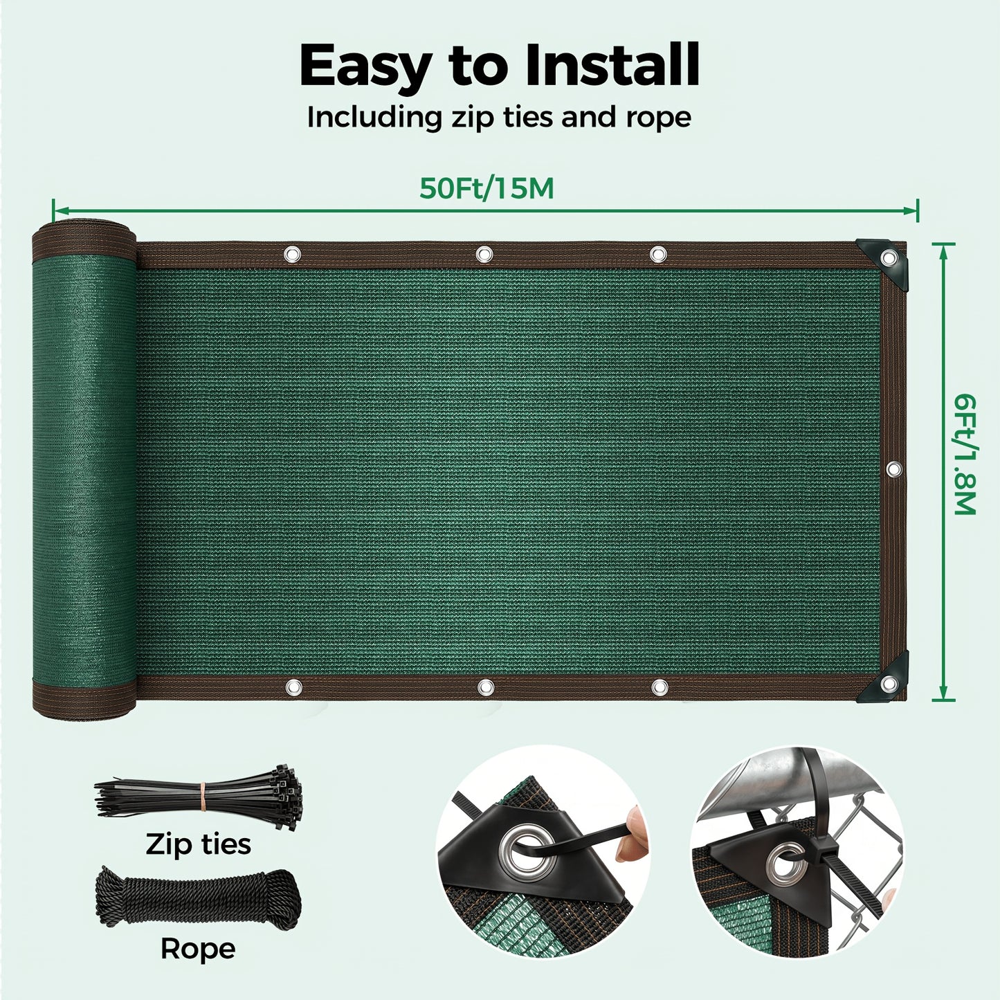 [Heavy Duty Privacy Screen] 5Ft X 25Ft/6Ft X 50Ft Fence Privacy Screen, Heavy Duty Privacy Fence Screen, Outdoor Shade Cloth Mesh Barrier, Includes 33Ft Black Rope, Green