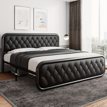 Metal Platform Bed Frame with Faux Leather Headboard Heavy Duty Steel Slats 12 Inch Under Bed Storage Space Easy Assembly Full Queen King Black