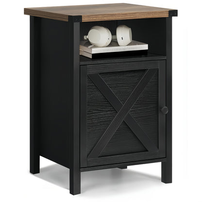 Farmhouse Nightstand with Barn Door & Shelf, Rustic Modern Bedside Table End Table for Bedroom Living Room Entryway, 23.7"x15.8" – Set of 1 or 2, Navy Blue Grey White Oak Black