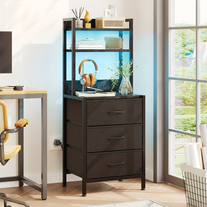 WHONLINE 41'' LED Nightstand with Ports & Outlets, Tall Bedside Table with Charging Station, 3-Drawer PU Fabric Storage Cabinet, Heavy Duty End Table, Modern Dorm Room Essentials, Apartment Small Space Organizer
