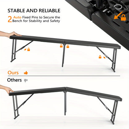 Bonnlo 6 Feet White/ Black Plastic Folding Benches for Outdoor Camping Dining Soccer Games Portable Picnic Party Seating with Smooth HDPE Tabletop 1 Pack/ 2 Pack Garden Patio Lawn Dining Benches Chairs