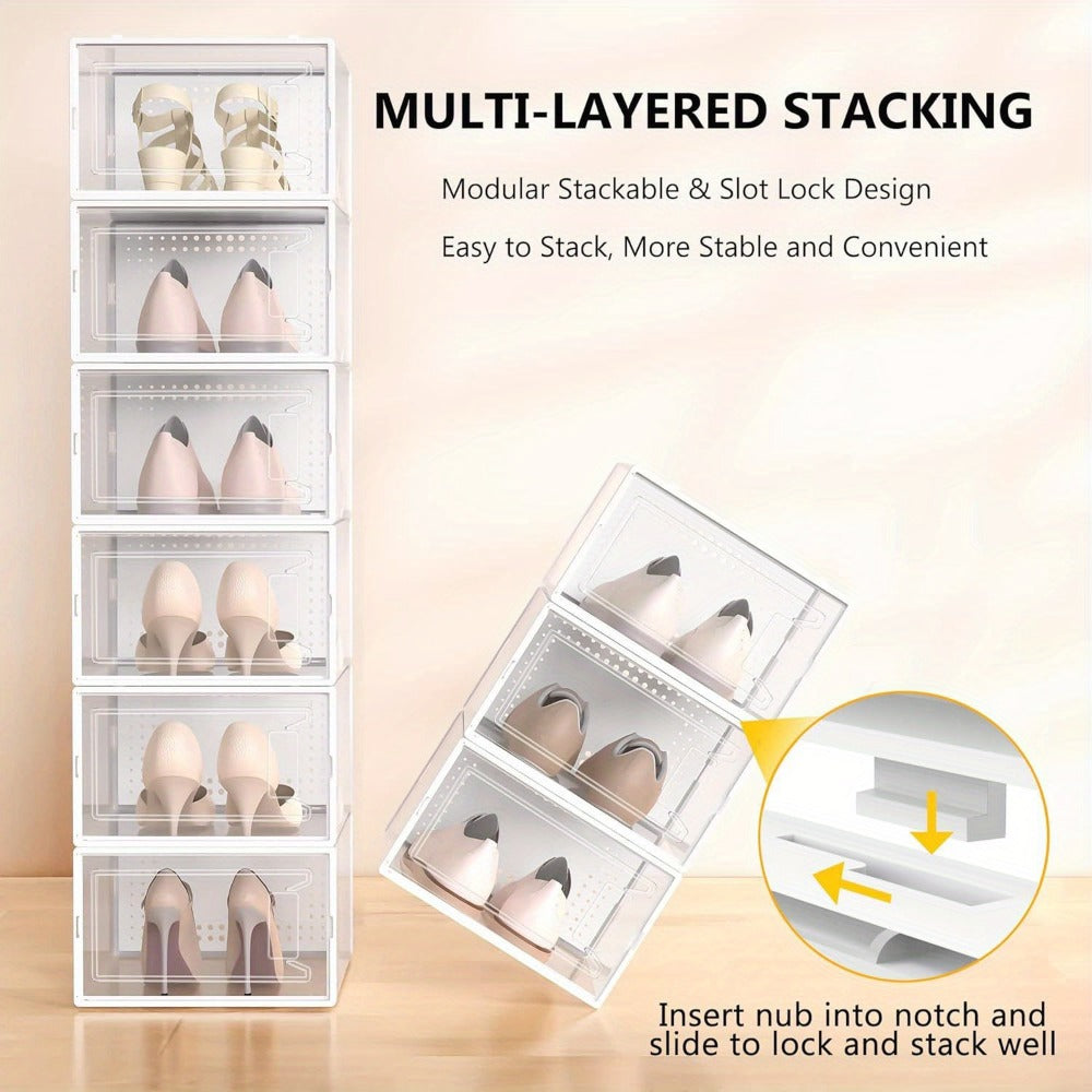 Clear Stackable Shoe Boxes with Lids 6, 12 or 24 Pack, Plastic Shoe Storage Organizer for Closet Sneaker Display, Modular Space Saving Shoe Containers, Black White